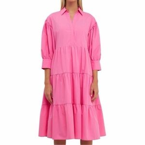 English Factory Pink Tiered Midi Shirt Dress